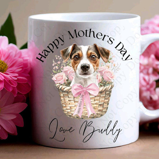 Customised mothers day dog in basket mug any name or wording choice of 47 dogs