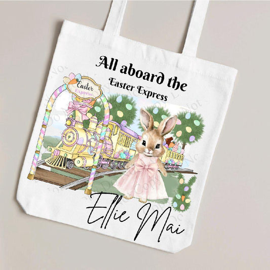 Tote bag Easter bag, Easter egg hunt, Easter Express with background and bunny personalised - canvas