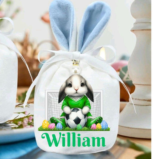 Customised White Easter Velvet Pouch Blue ears with football themed easter - 15cm High - Gifts