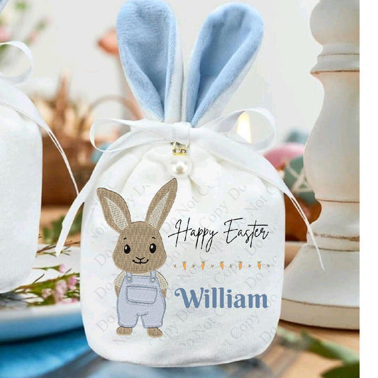 Customised White Easter Velvet Pouch Blue ears with embroidery effect Bunny Design - 15cm High - Gifts