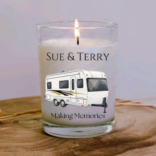 Personalised caravan themed candle with gift box