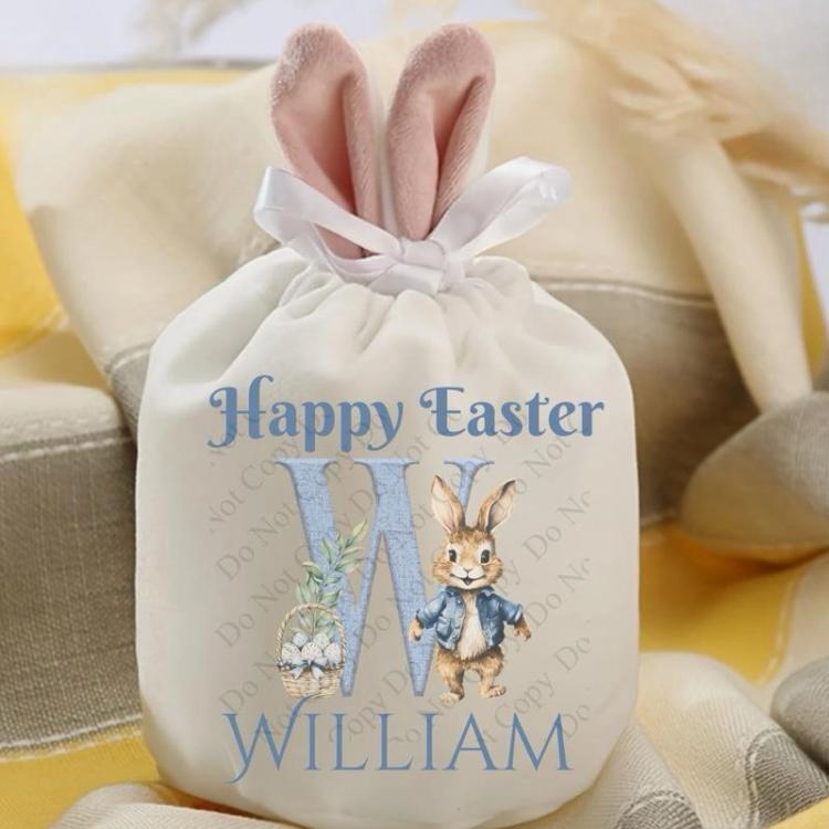 Customised White Easter Velvet Pouch with Bunny Design - 15cm High - Gifts