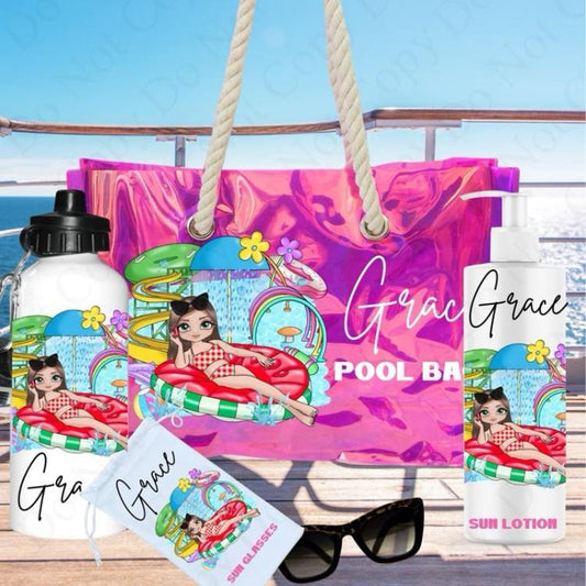 Pool bag bundle (bag, bottle, glasses case, sun lotion pump bottle)