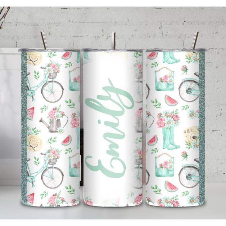 Summer/spring themed 20oz tumbler with metal straw