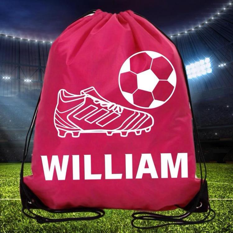 Red drawstring football bag personalised