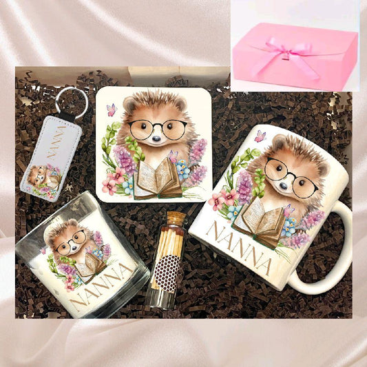 Little hedgehog design with book gift set candle, mug keyring Ornaments